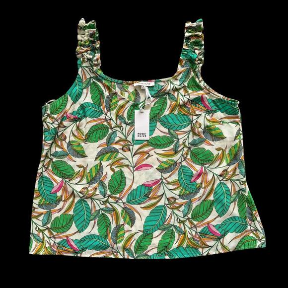 Rose + Olive Tank Top Womens 1X Multicolor Leaf Print Ruffle Strap Blouse NWT - Picture 1 of 16